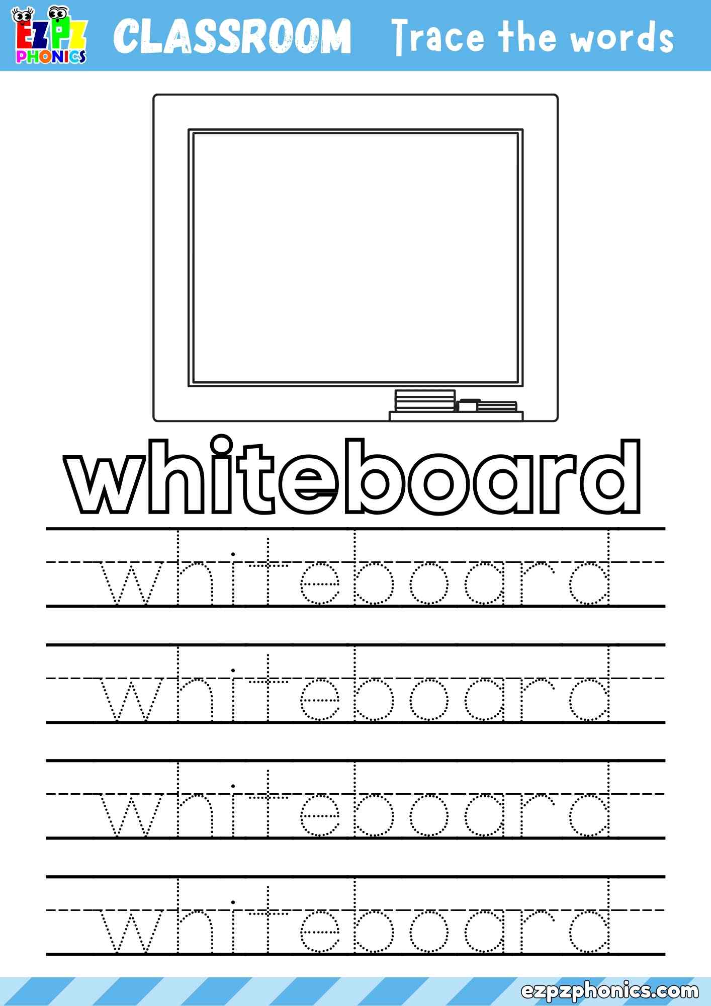 Whiteboard - Classroom Objects Vocabulary Word Tracing Activity - Color the Whiteboard and Trace the Word Whiteboard (Free PDF Download)